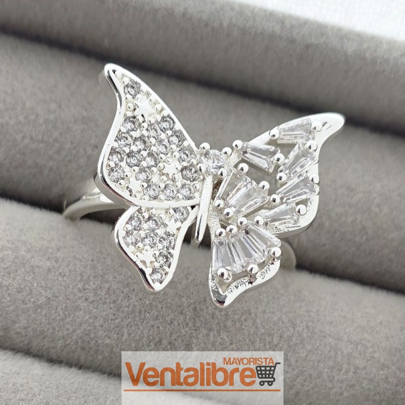 ANILLO DE BRONCE CON BAÑO DE PLATA MARIPOSA CON CUBIC CRISTAL Y MICRO PAVE CRISTAL