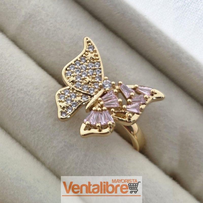 ANILLO DE BRONCE BAÑADO EN ORO MARIPOSA CUBIC ROSA CON MICRO PAVE CRISTAL