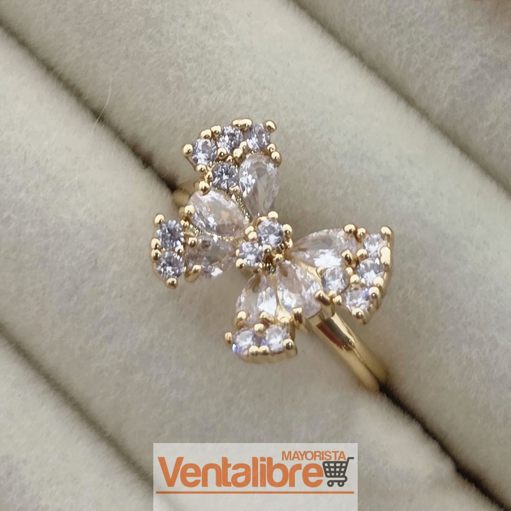 ANILLO DE BRONCE BAÑADO EN ORO MARIPOSA CON CUBIC CRISTAL CON MICRO PAVE CRISTAL