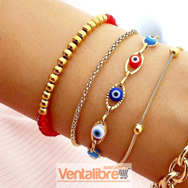 PULSERA DE ACERO DORADO CON CRISTALES ROJOS Y BOLITAS 18 CM. - Imagen 3