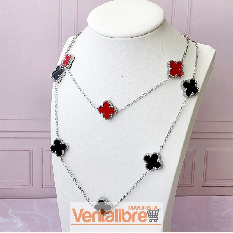 CADENA DE ACERO BLANCO GARGANTILLA CON TRÉBOLES ROJOS 40 CM. MÁS 5 CM. DE EXTENSIÓN