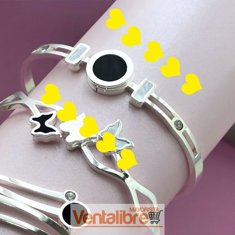 PULSERA ESCLAVA DE ACERO BLANCO CON NEGRO NACAR Y STRASS