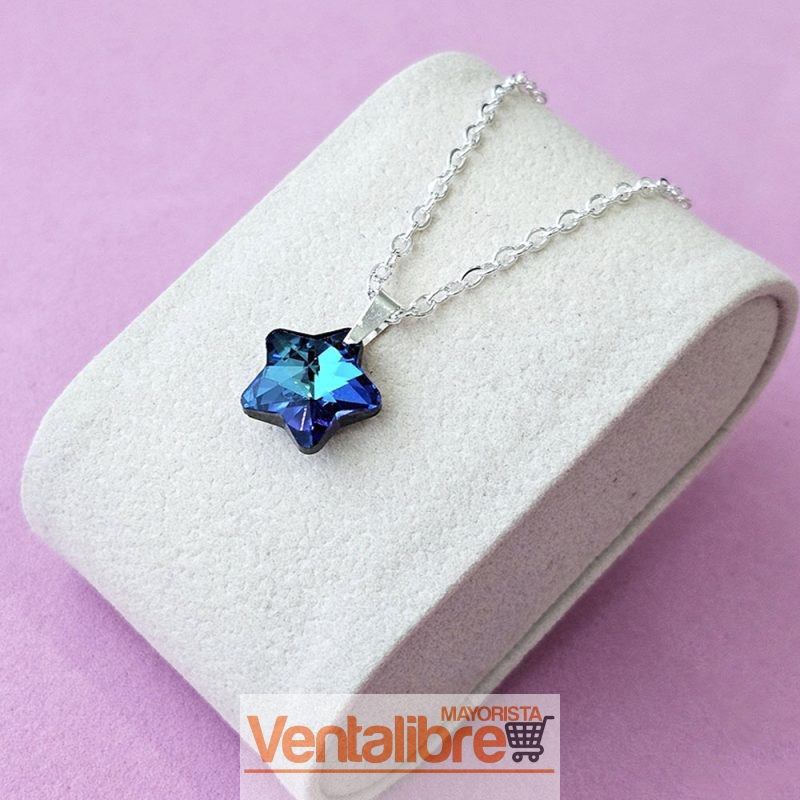 DIJE DE ACERO BLANCO ESTRELLA CRISTAL AZUL 16 MM.