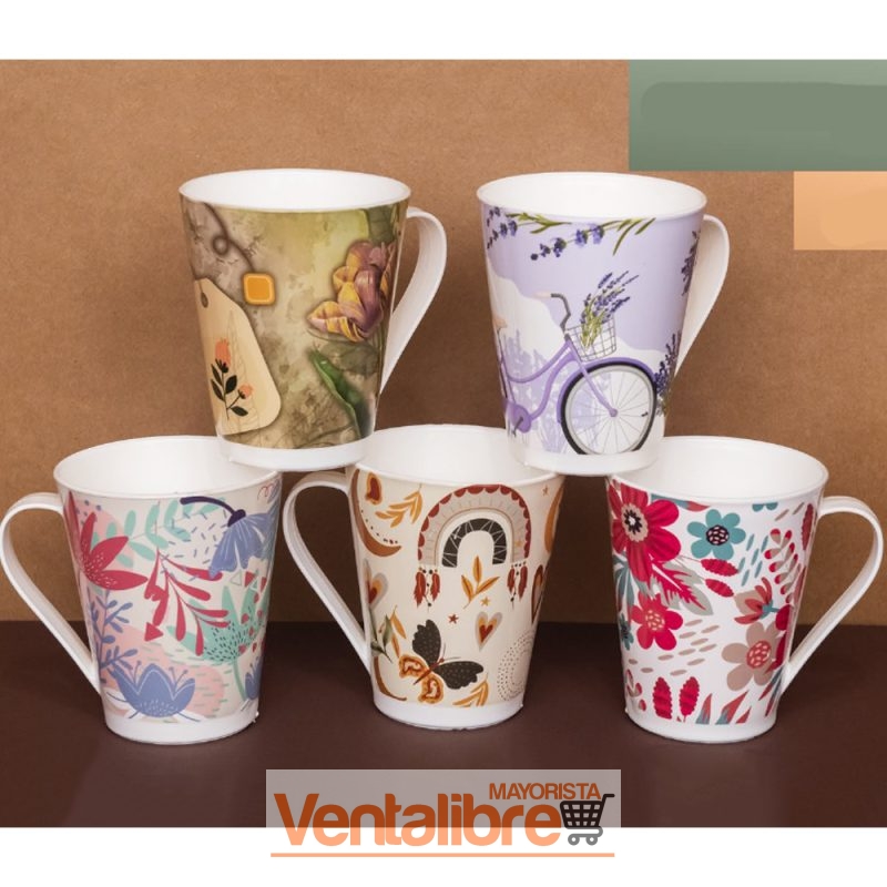 TAZA MELAMINA CÓNICA DE 400 CC. VARIOS ESTAMPADOS EXCELENTE CALIDAD