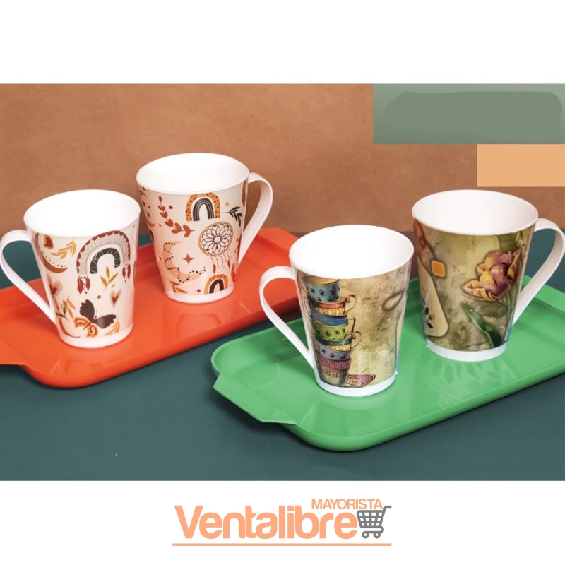 SET BANDEJA MEDIANA + 2 TAZAS CÓNICAS 400CC. EXCELENTE CALIDAD
